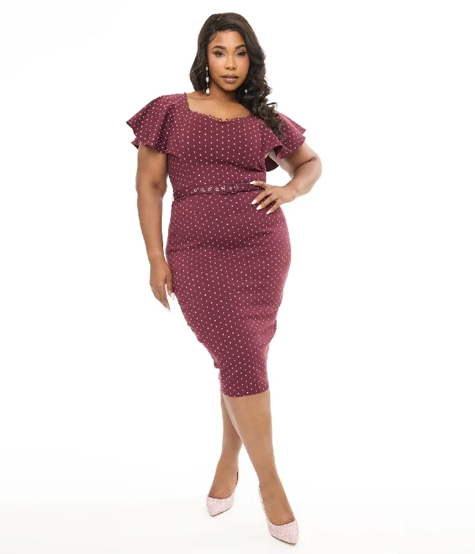 Unique Vintage Plus Size 1940s Eggplant & Pink Dot Flutter Sleeve Pencil Dress Trendy Women's Apparel for All Seasons