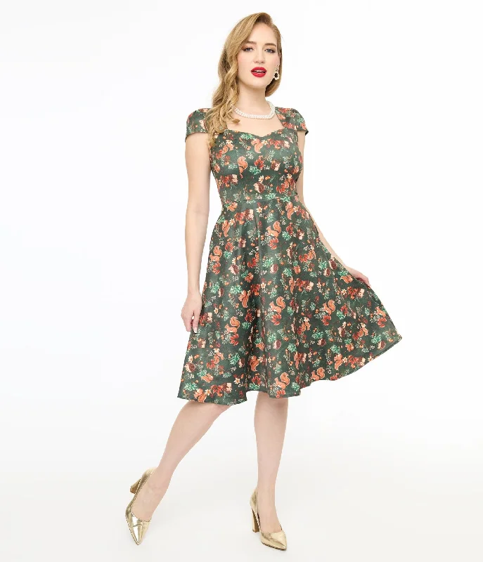 Voodoo Vixen 1950s Green Woodland Creatures Print Swing Dress Discount Store