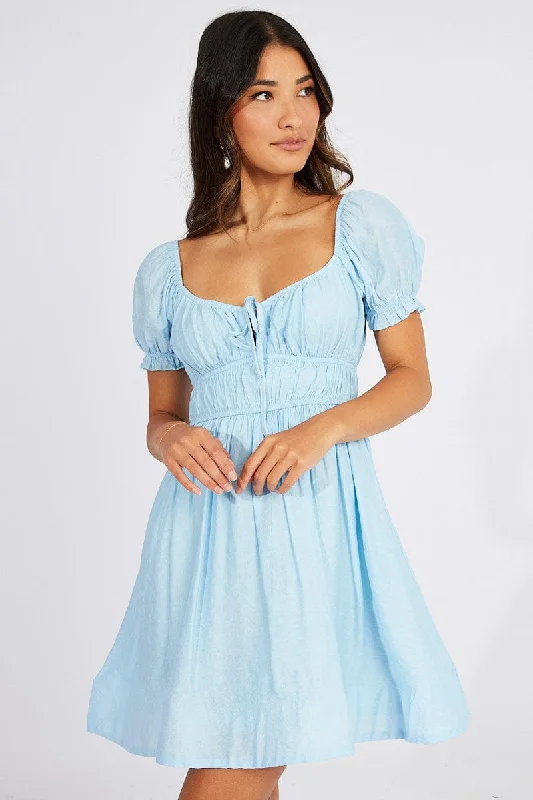 Blue Fit and Flare Dress Short Sleeve Ruched Casual Chic for Women