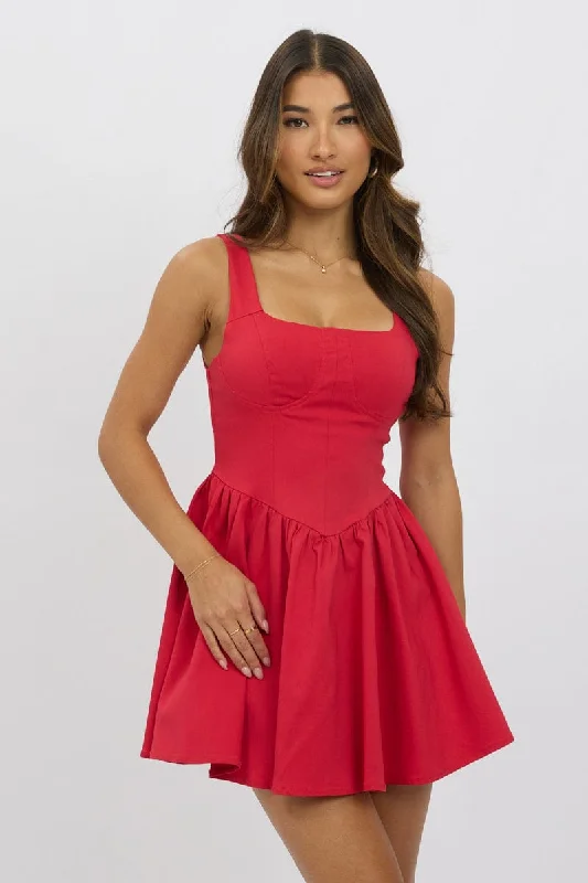 Red Fit And Flare Dress Mini Casual Dresses for Women