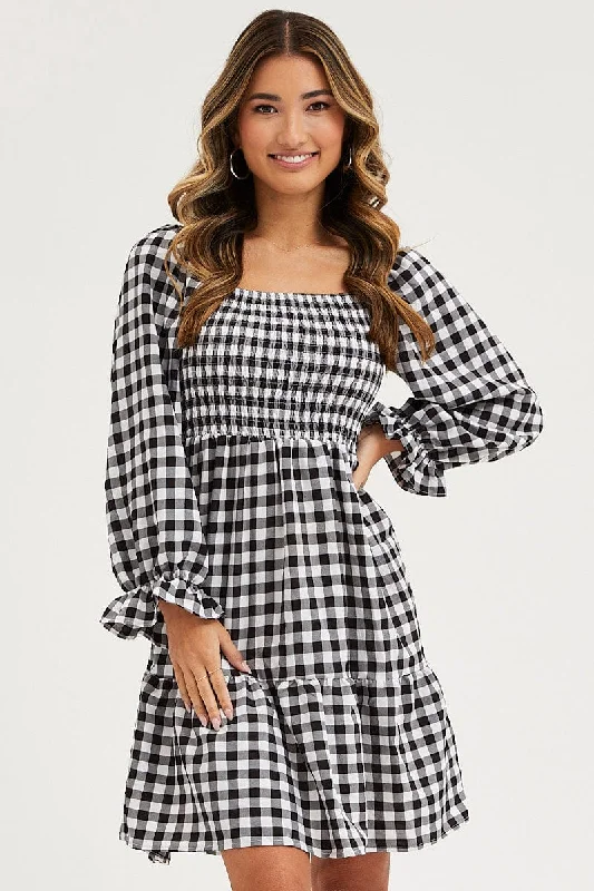 Check Skater Dress Puff Sleeve Mini Trendy Women's Dresses Online