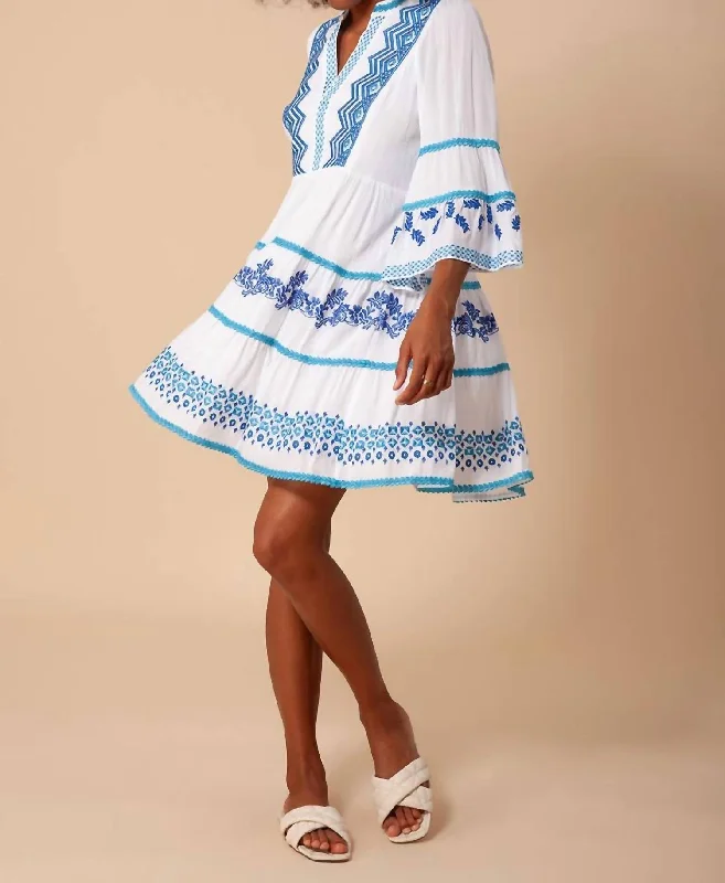 Taliah Embroidered Dress In Blue/white Unique Women's Fashion Pieces