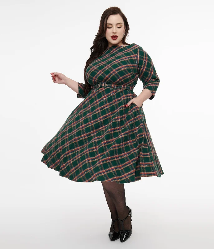 Unique Vintage Plus Size 1950s Green & Tan Plaid Devon Swing Dress Clothing Sales