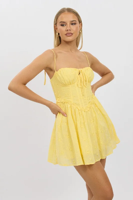 Yellow Fit And Flare Dress Mini Eyelet Fabric Trendy Women's Apparel