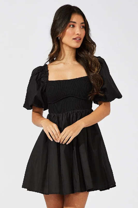 Black Fit and Flare Short Puff Sleeve Women's Evening Wear