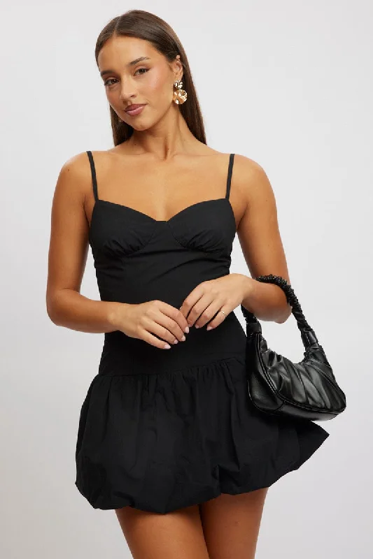 Black Bubble Dress Mini Strappy Women's Plus-Size Casual Outfit