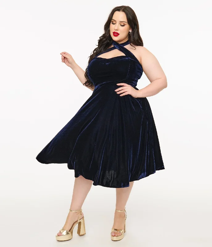 Unique Vintage Plus Size 1950s Navy Velvet Criss Cross Halter Rita Flare Dress Women's Clothing for Every Season and Trend