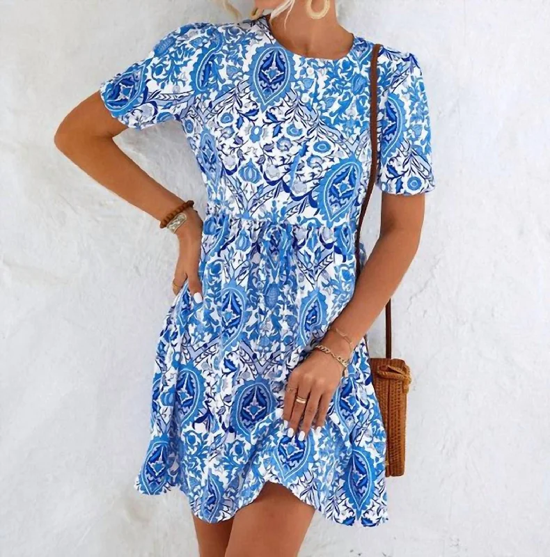 Alicia Printed Short Sleeve Dress In Blue Affordable Women's Outfit