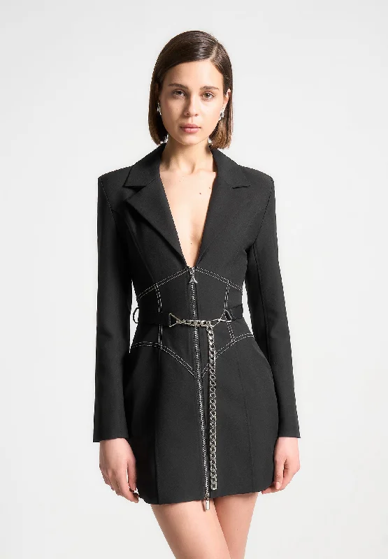 Corset Blazer Dress with Chain - Black Elegant Women's Attire