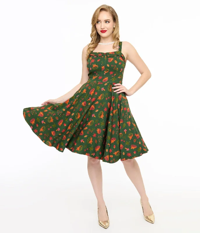 Miss Lulo 1950s Green Hedgehog Forest Print Kyla Fit & Flare Dress Clothes Women