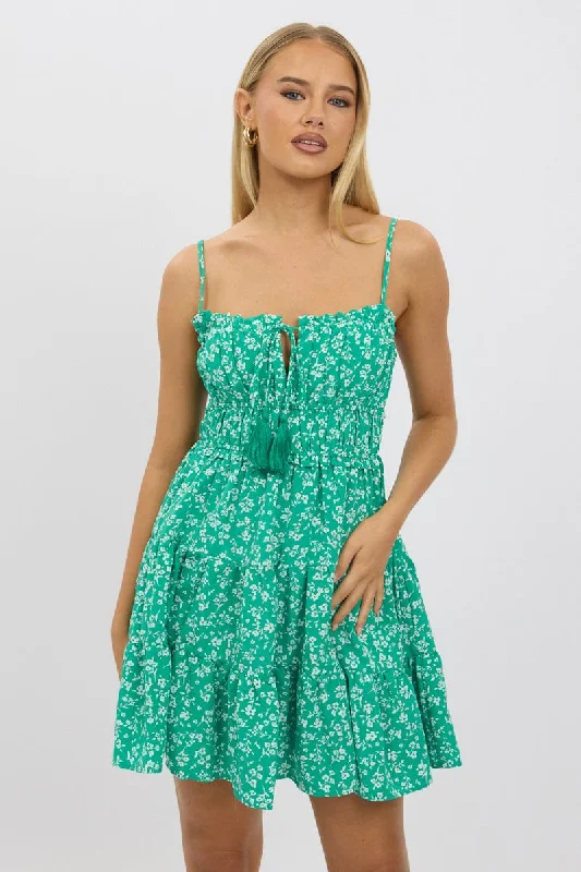 Green Ditsy Fit And Flare Dress Mini Casual Fashion Trends for Women