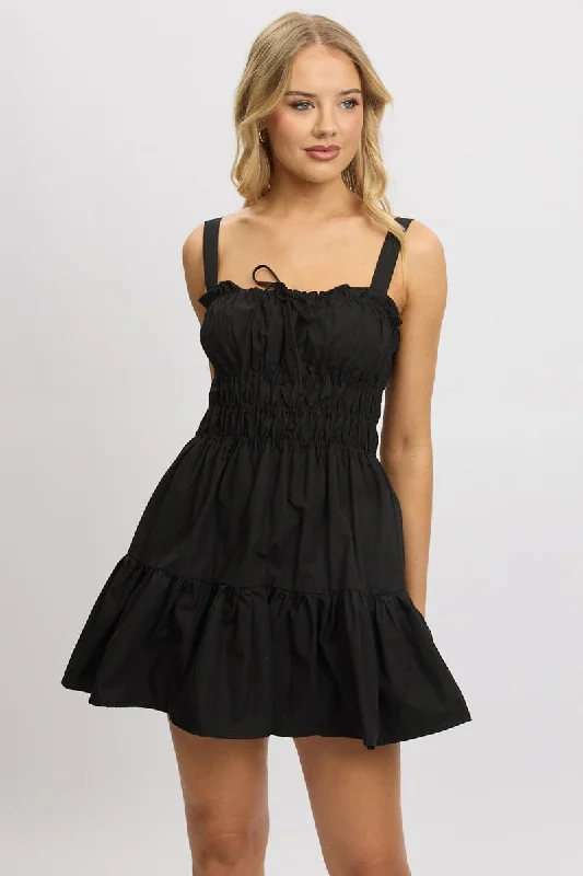 Black Fit And Flare Dress Mini Poplin Women's Elegant Outfit