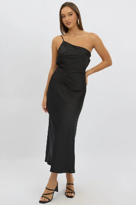 Black One Shoulder Dress Satin Women's Elegant Formal Outfit