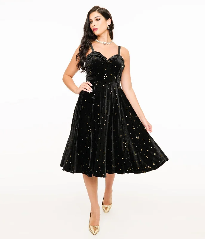 Elle Rebel Black Velvet & Gold Lunar Luxe Swing Dress Cheap Women's Clothing Online