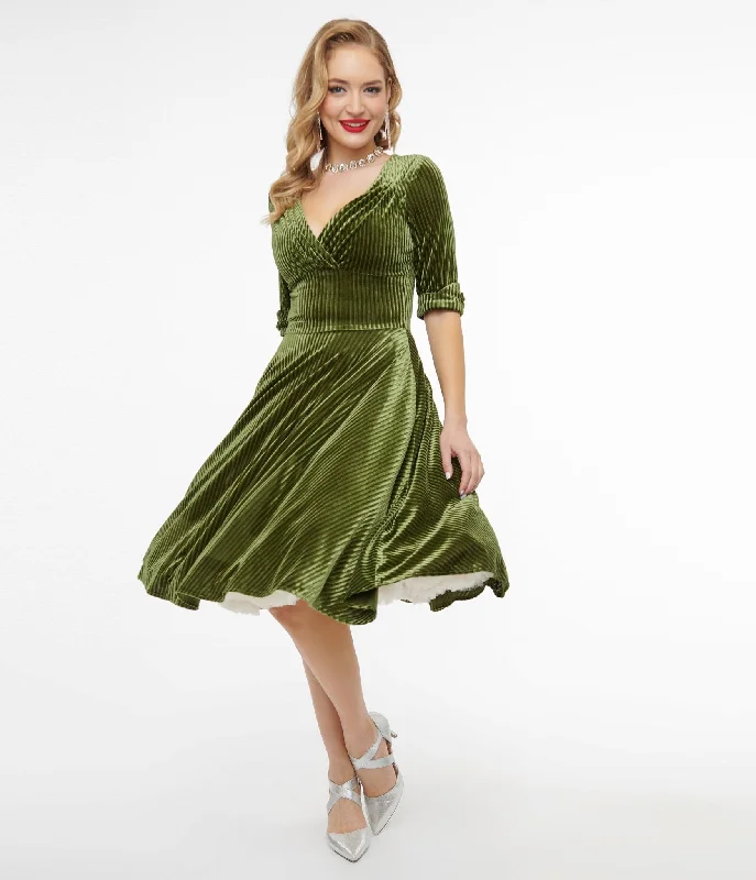 Unique Vintage 1950s Moss Green Velvet Delores Swing Dress Chic Women's Clothing