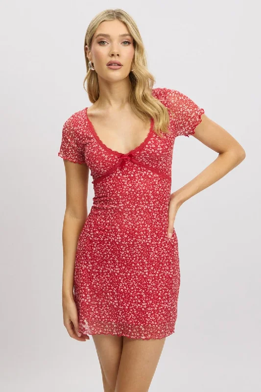 Red Ditsy Mesh Dress V Neck Mini Women's Casual and Dressy Outfits