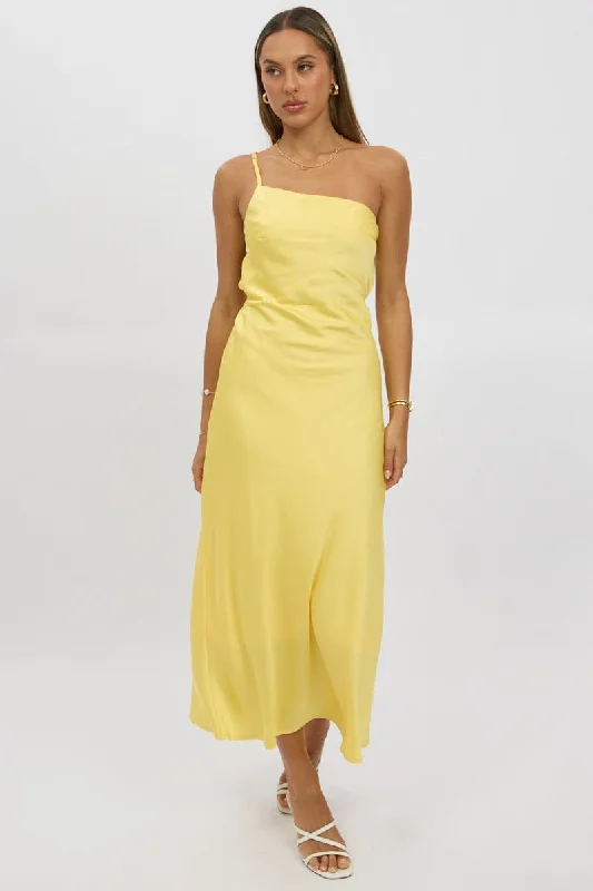 Yellow One Shoulder Dress Satin Women's Office Outfit