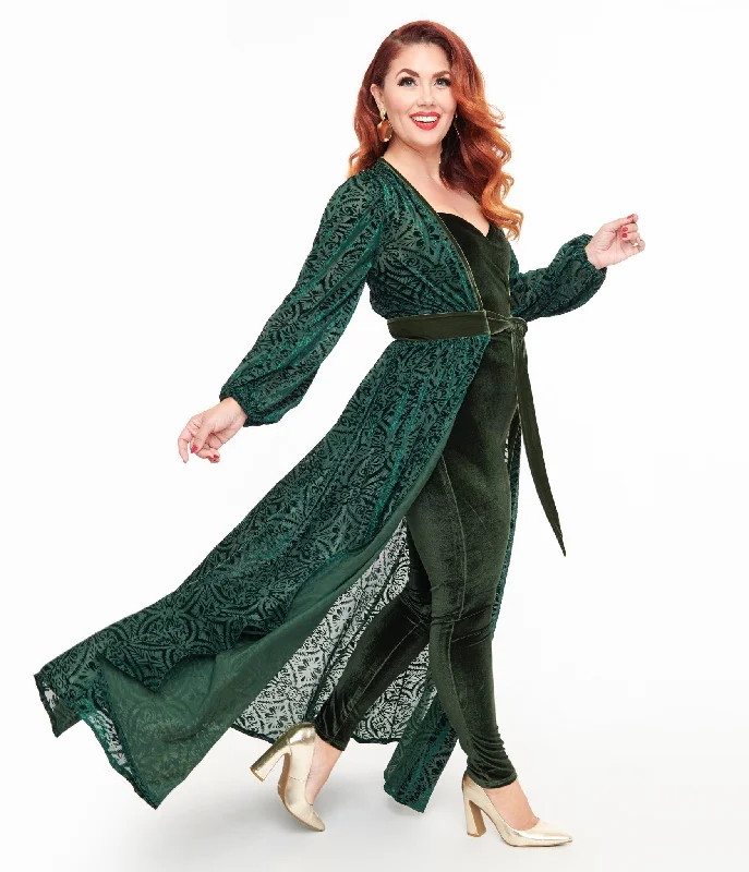 Unique Vintage Green Velvet Burnout Hollywood Duster Minimalist Women's Fashion Clothing