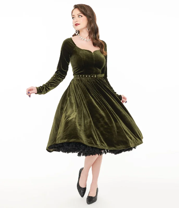 Unique Vintage 1950s Dark Olive Velvet Sweetheart Swing Dress High Street Women's Fashion for Trendy Shoppers