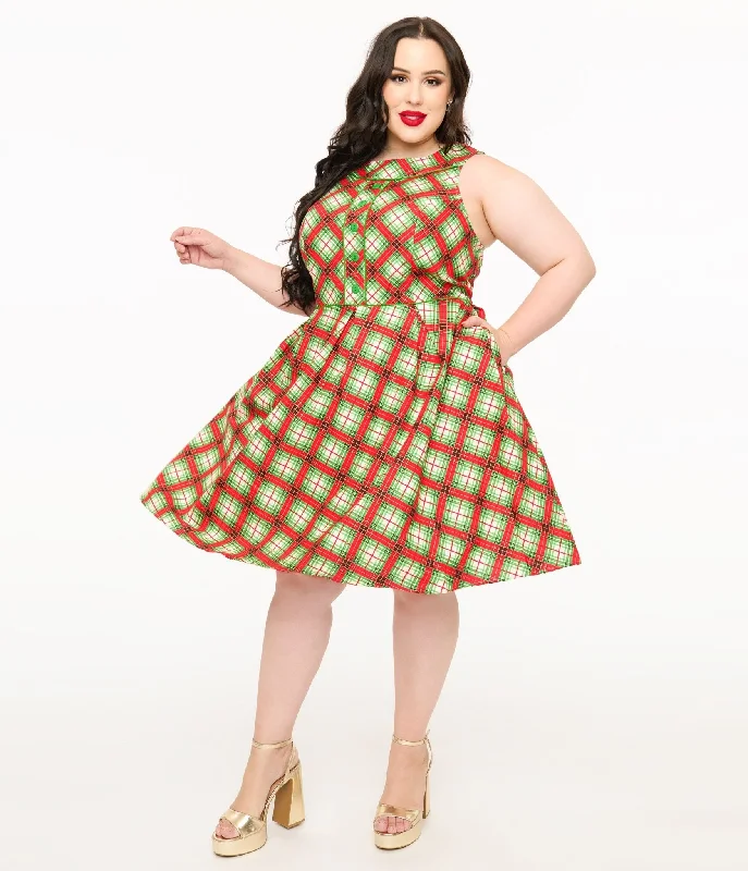 Retrolicious Plus Size 1950s Red Tartan Holiday Elizabeth Swing Dress Online Clothing Stores