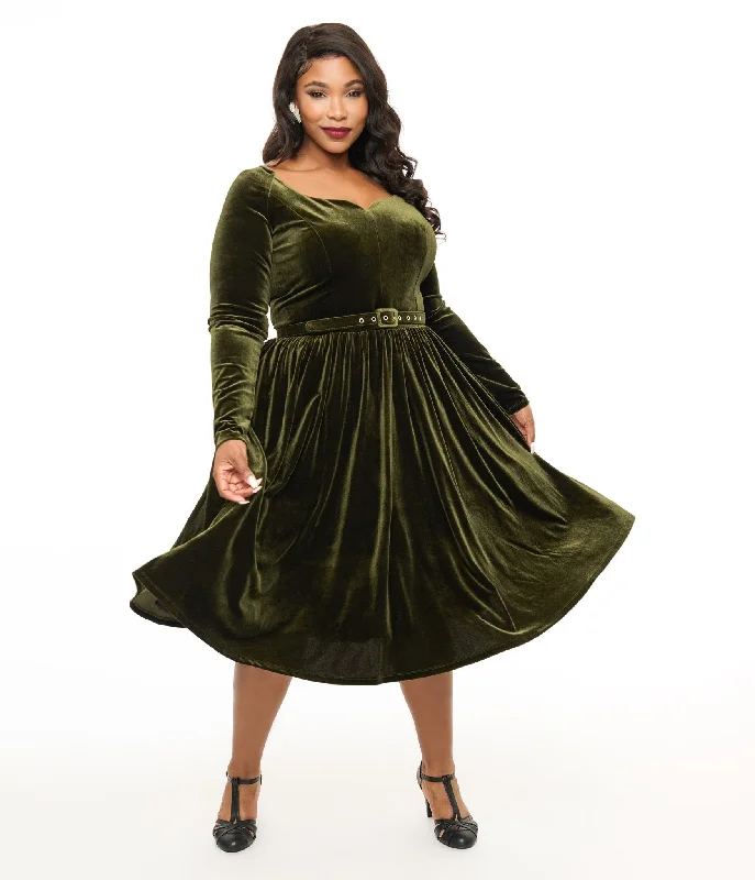 Unique Vintage Plus Size 1950s Dark Olive Velvet Sweetheart Swing Dress Women's Clothes for All-Day Comfort and Style