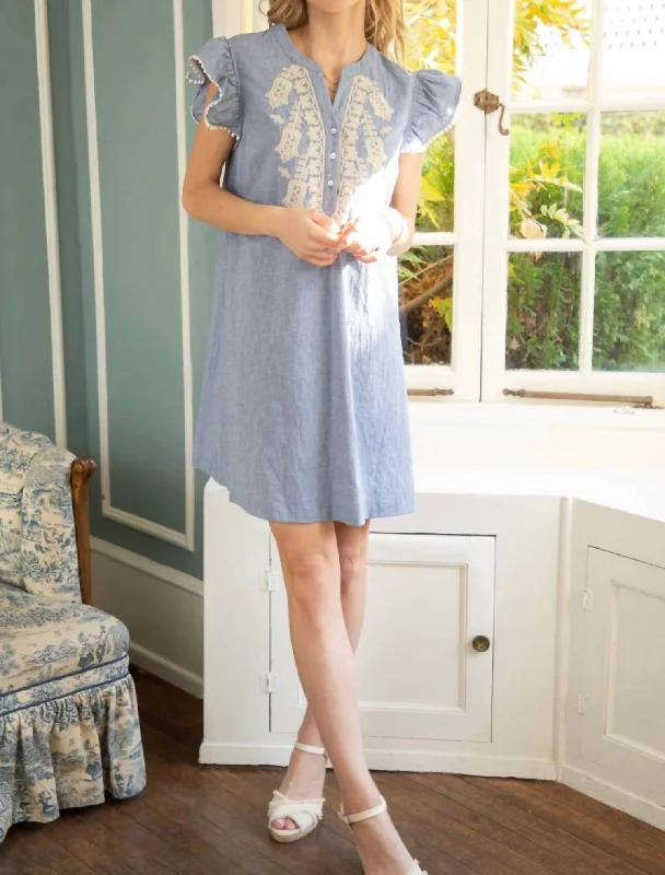 Embroidered Neck Ruffle Sleeves Shift Dress In Chambray Feminine Dresses for Women in Bold Prints