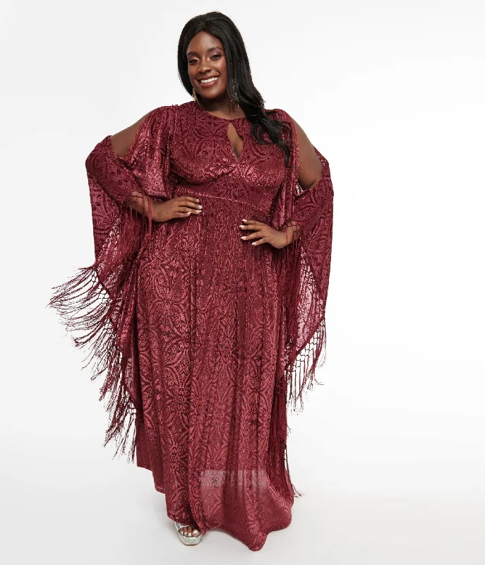 Unique Vintage Plus Size 1960s Burgundy Velvet Burnout Caftan Online Clothing Boutiques