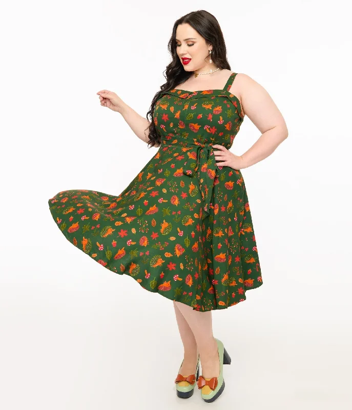 Miss Lulo Plus Size 1950s Green Hedgehog Forest Print Kyla Fit & Flare Dress Clothing Brands