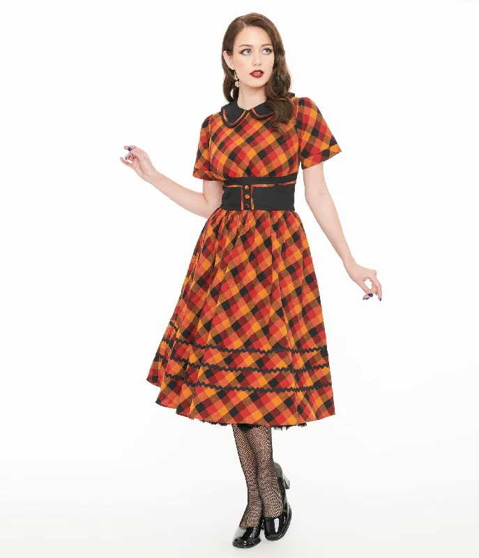 Unique Vintage 1950s Orange & Red Plaid Peter Pan Collar Swing Dress Affordable Women's Clothing Sale Online