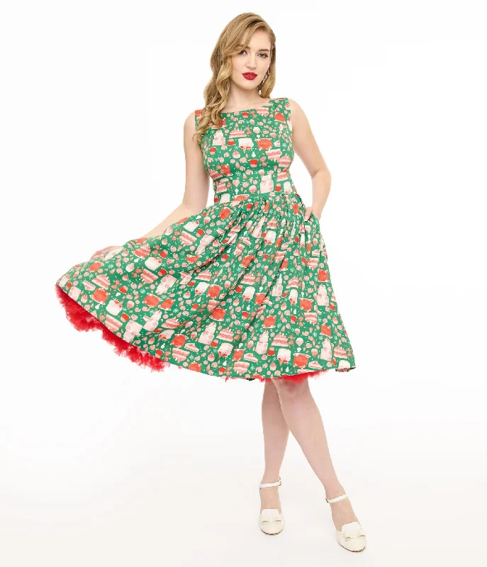 Miss Lulo 1950s Green & Red Holiday Cake Lily Swing Dress Sale For Women