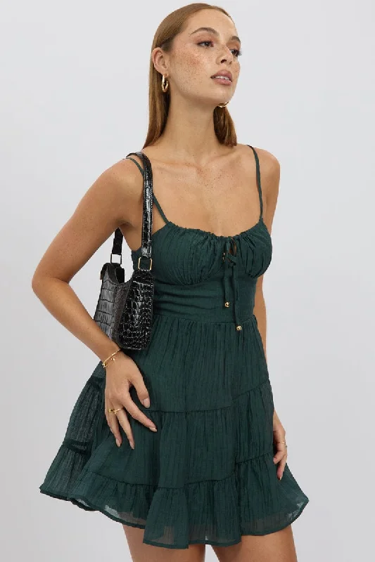 Green Fit And Flare Dress Mini Tiered Workwear Fashion for Women