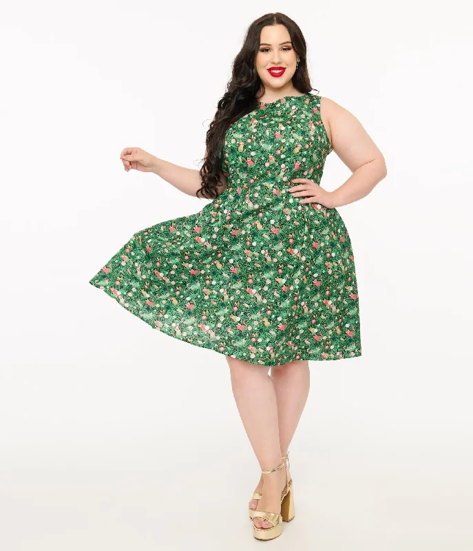 Retrolicious Plus Size 1950s Green Holiday Cat Print Cotton Swing Dress Clothing For Women