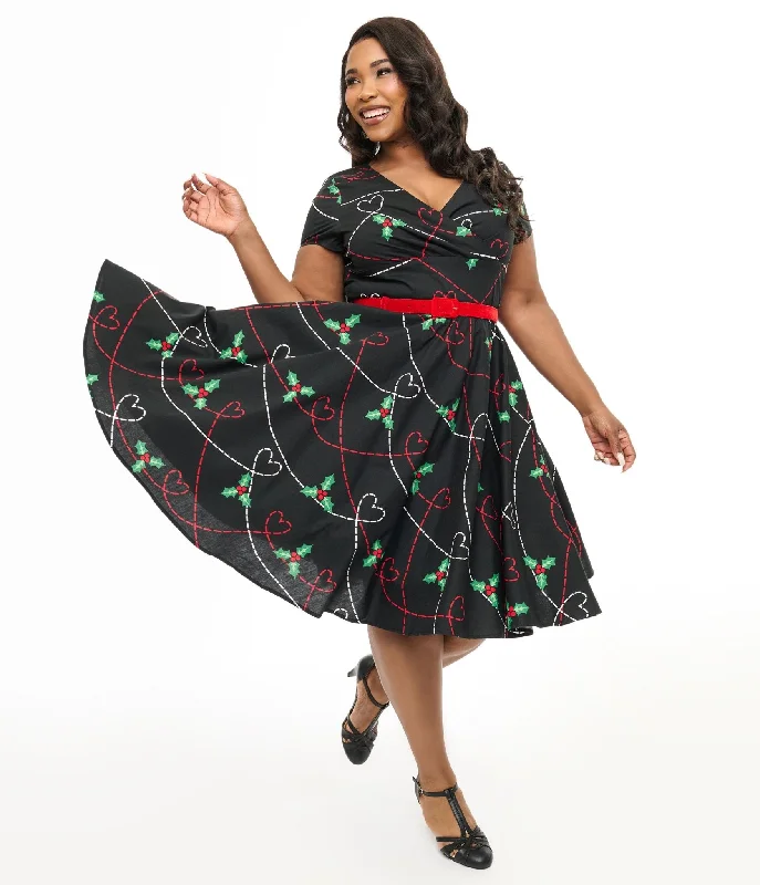 Hell Bunny Plus Size 1950s Festive Hearts & Holly Print Angelica Swing Dress Plus Size Women's Fashion and Clothing