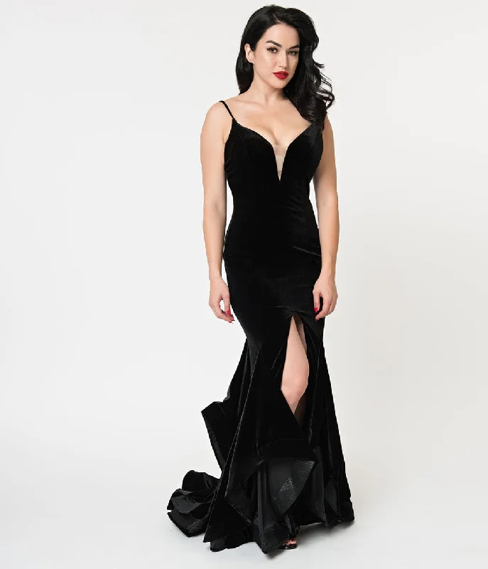 Black Velvet Ruffled Mermaid Sexy Long Dress Versatile Women's Clothing for All Occasions