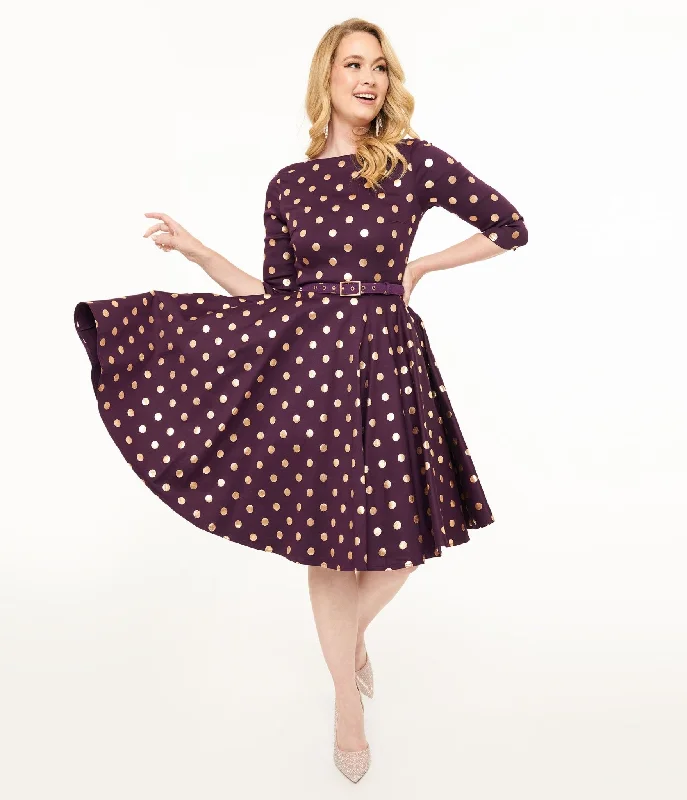 Unique Vintage 1950s Eggplant Rose Foil Polka Dot Devon Swing Dress Flash Sale Online