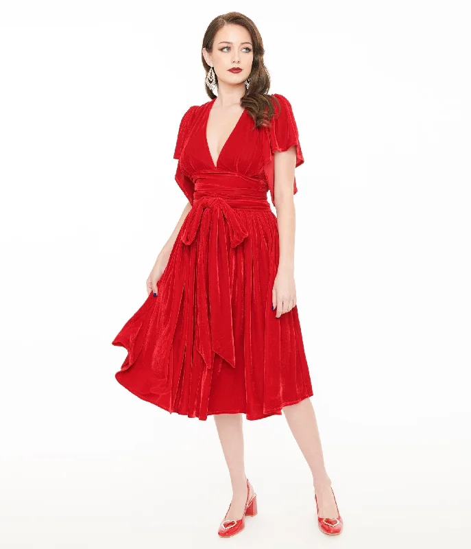 Unique Vintage 1940s Red Velvet Flutter Sleeve Swing Dress Extreme Clearance Deals