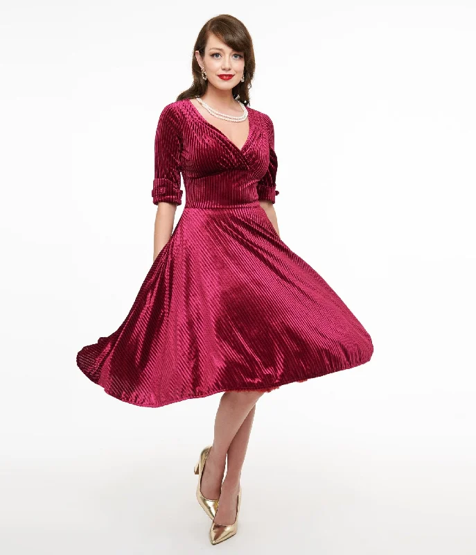 Unique Vintage 1950s Merlot Textured Velvet Delores Swing Dress Trendy Online Boutiques