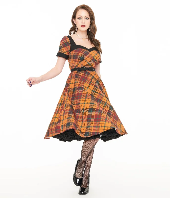 Unique Vintage 1950s Mustard Yellow & Burgundy Plaid Swing Dress Women's Clothing