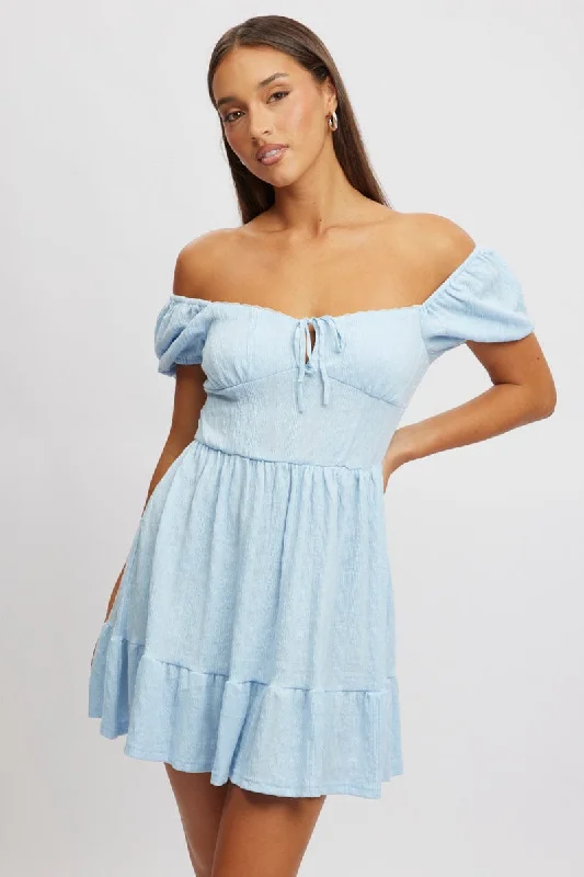 Blue Fit And Flare Dress Mini Lace Affordable Women's Outfit