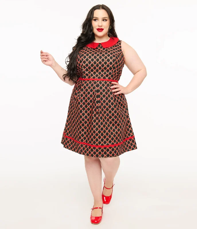 Retrolicious Plus Size 1950s Black & Red Bow Cotton Fit & Flare Dress Online Boutiques Clothing