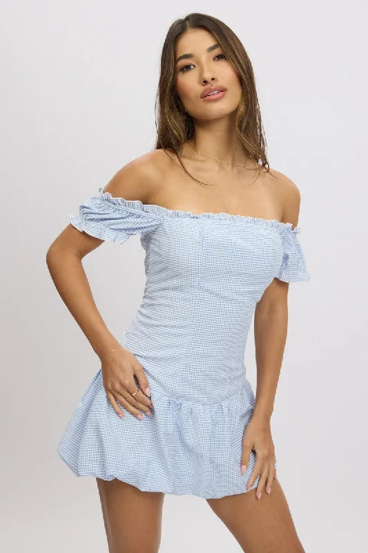 Blue Check Bubble Dress Off The Shoulder Women's Transitional Outfit