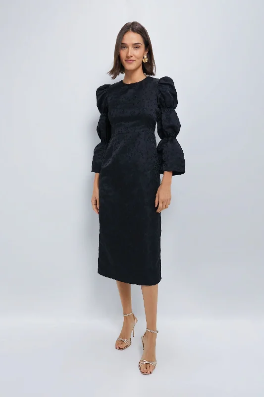 Black Jacquard Puff Sleeve Darcy Dress Women's Clothing Apparel