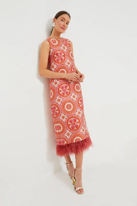 Sun Jacquard Column Dress with Feathers Women's Clothes And Garments