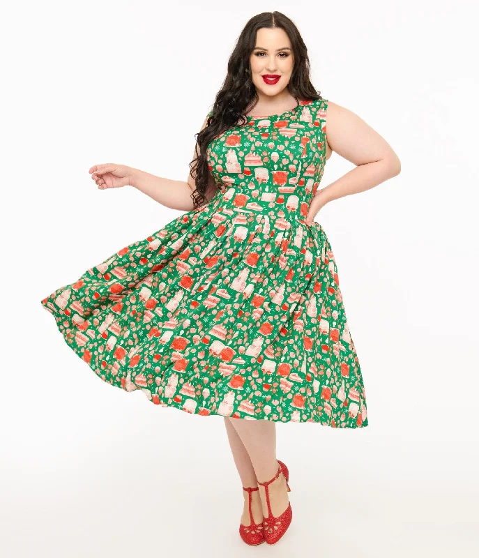 Miss Lulo Plus Size 1950s Green & Red Holiday Cake Lily Swing Dress Clothing Online