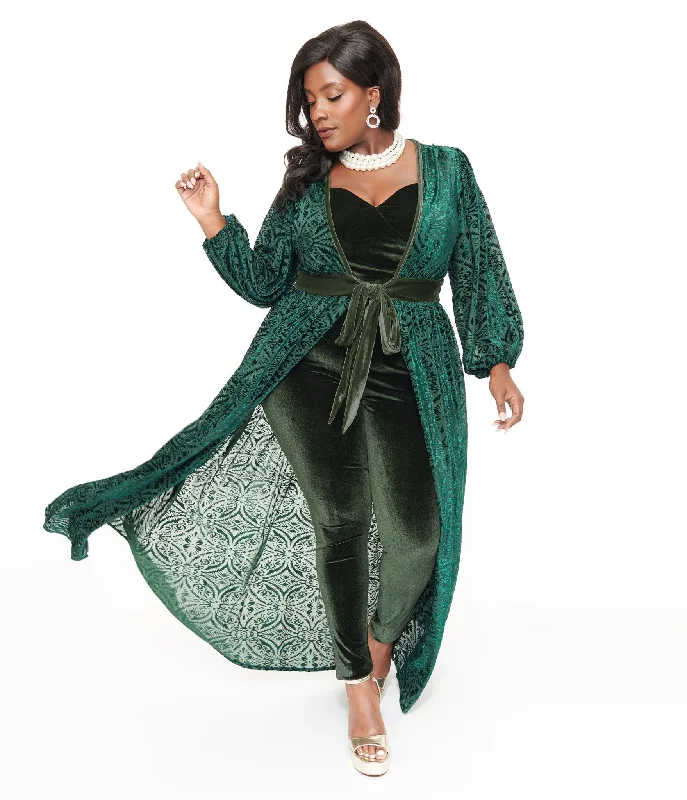 Unique Vintage Plus Size Green Velvet Burnout Hollywood Duster Trendy Women's Outfits for Casual Wear