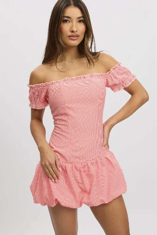 Red Check Bubble Dress Off The Shoulder Women's Cozy Outfit For Lounging