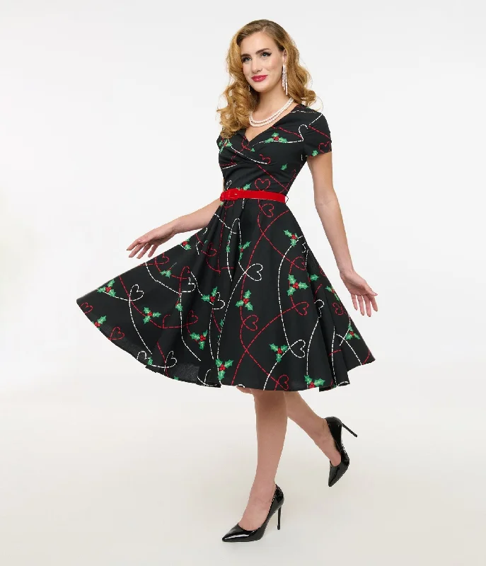 Hell Bunny 1950s Festive Hearts & Holly Print Angelica Swing Dress Comfortable Casual Women's Clothing