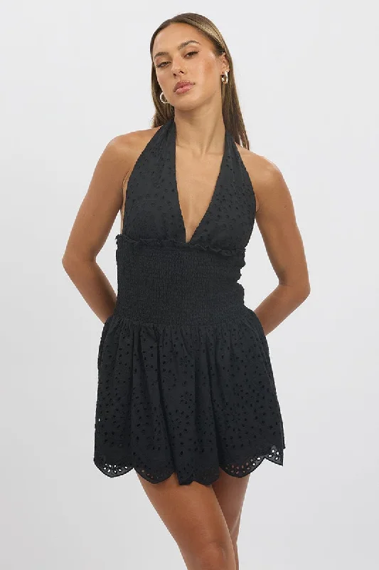 Black Halter Neck Dress Mini Eyelet Fabric Women's High-Fashion Outfit