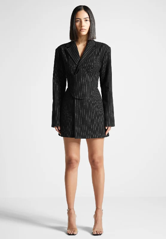 Pinstripe Blazer Dress with Reversible Corset - Black Women's Effortless Casual Outfit