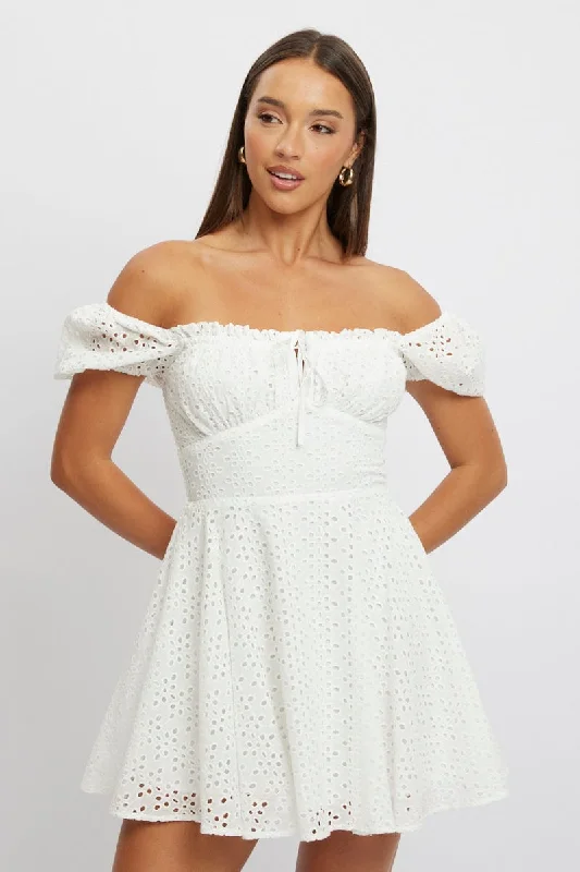 White Fit And Flare Dress Mini Eyelet Fabric Timeless Women's Outfit